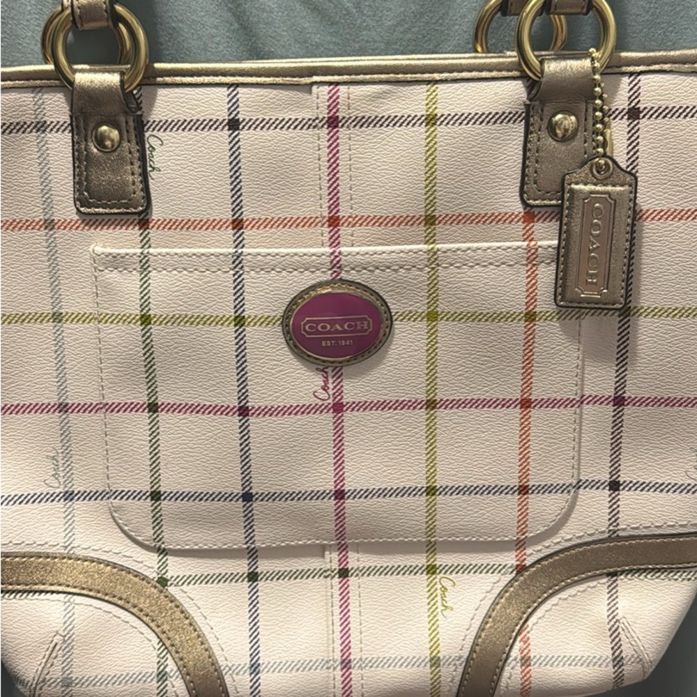 Coach Multicolor Plaid Tote - Cream and Gold